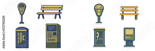 Colorful illustrations of city amenities including benches, parking meters, and payphones in a simple, modern style