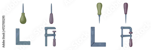 Different types of screwdrivers and clamps arranged to form letters in a creative and artistic display