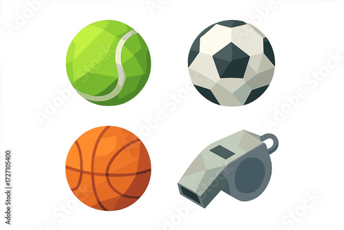 Various sports equipment including tennis ball, soccer ball, basketball, and referee whistle on a simple background