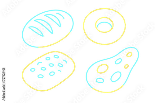 Colorful sketches of various bread types on a white background showcasing different shapes and sizes