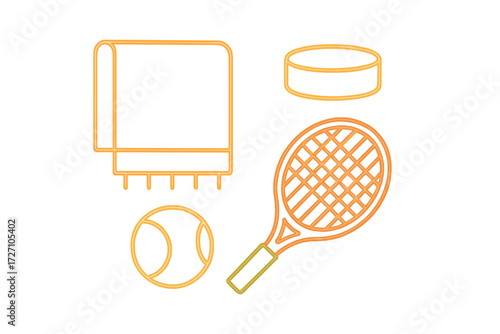 Tennis racket, balls, towel, and puck arranged on a clean surface for sports activities in bright colors