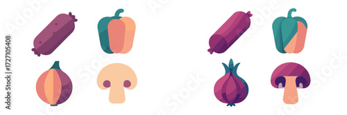 Colorful illustrations of vegetables and sausages for healthy meal preparation