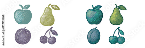 Colorful fruit illustrations showing various types of apples, pears, plums, and cherries on a light background