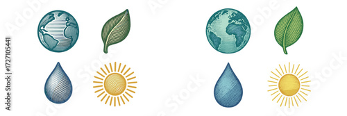 Nature illustrations showing earth, leaves, water droplets, and the sun with a focus on environmental themes