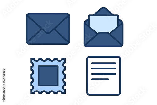 Digital illustration of various postal items including envelopes, stamps, and letters in a modern style