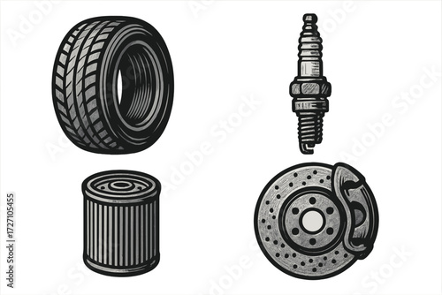 Various car parts including a tire, spark plug, oil filter, and brake disc displayed on a white background
