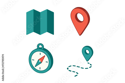 Colorful navigation icons representing maps, location pointers, and compasses for guiding travelers and explorers