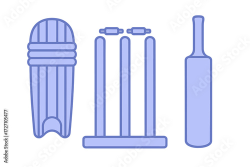 Cricket gear including bat, stumps, and pads arranged together for a game