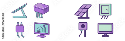 Solar energy equipment and technology shown in colorful icons representing renewable energy solutions and monitoring systems