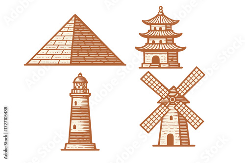 Iconic structures representing diverse cultural architecture in a simple design style