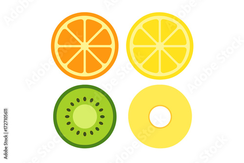 Colorful fruit slices arranged neatly on a white background showcasing vitamins and freshness