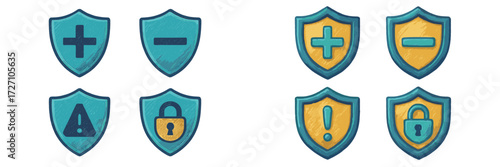 Various shield icons representing security features and notifications for user interface design in digital applications