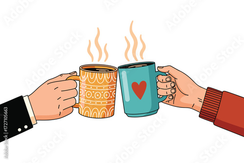 Two hands toasting with mugs of hot drinks isolated on white background, celebrating friendship and warmth with a cozy and comforting gesture vector