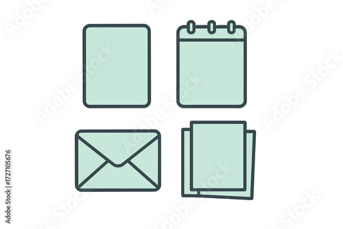 Collection of stationery items including notes, notepad, envelope, and loose sheets arranged neatly on a light background