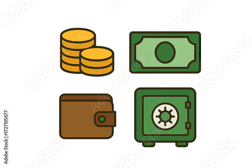 Various forms of money including coins, cash, a wallet, and a safe on a simple background