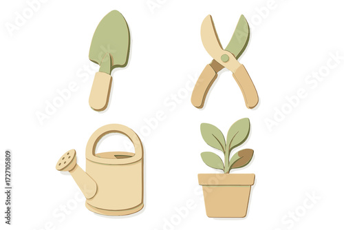 Gardening tools and plant elements arranged in a simple design for decoration or educational purposes