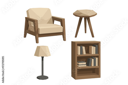 Modern geometric furniture set featuring an armchair, side table, lamp, and bookshelf for contemporary living spaces