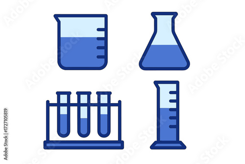 Laboratory glassware including beakers, flasks, and test tubes set against a simple background in blue color scheme