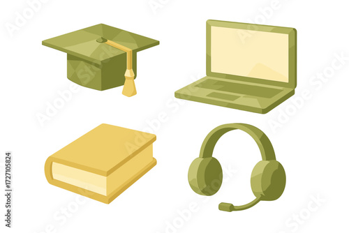 Educational tools including a graduation cap, laptop, book, and headphones in green colors for learning and study