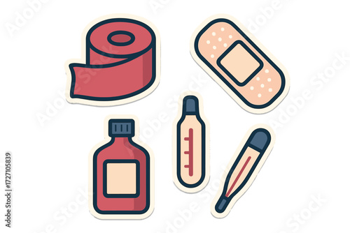Health supplies and first aid items arranged together for medical care preparation at home