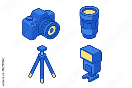 Various photography equipment including a camera, lens, flash, and tripod in a colorful blue design