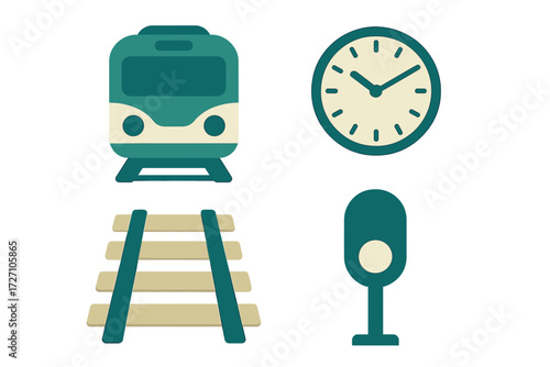 Train station scene with train, clock, tracks, and signal under clear sky