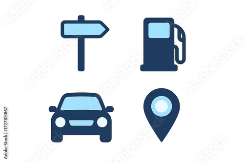 Road trip essentials with gas station, car, road sign, and GPS location icon for travel planning and navigation