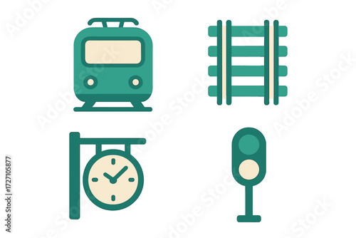 Graphics representing transportation concepts featuring a train, railway tracks, a clock, and a traffic signal
