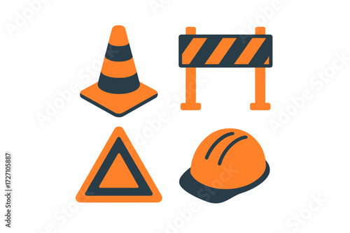 Construction safety symbols including cones, barriers, warning signs, and helmets