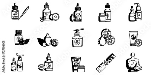 Organic, natural, vegan, cruelty free, collagen, anti age, antioxidant cosmetic editable stroke outline icons set isolated on white background flat vector illustration. Pixel perfect. 64 x 64.