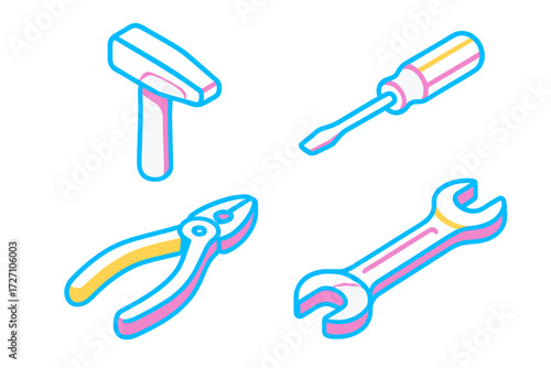 Colorful tools in a flat design reflecting the essentials for various repairs and DIY projects at home