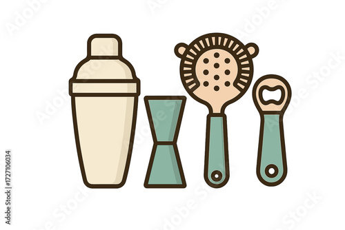 Essential bartending tools including a shaker, jigger, strainer, and bottle opener for cocktail preparation at home