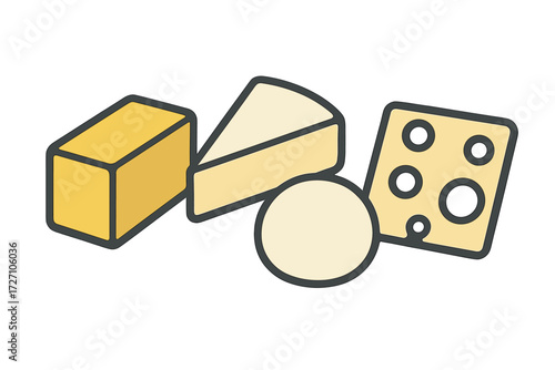 Different types of cheese displayed on a white background with simple illustrations and clear shapes