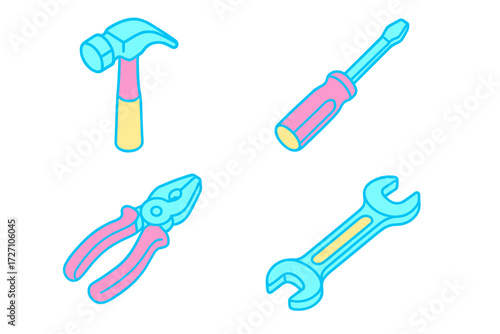 Colorful set of illustrated tools including a hammer, screwdriver, pliers, and wrench for various repair tasks and hobbies