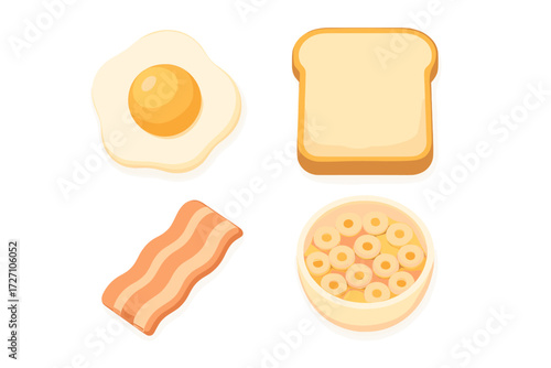 Colorful breakfast food items displayed on a plain background featuring eggs, bacon, bread, and cereal