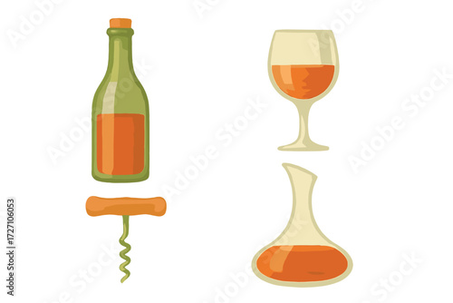 Visual representation of wine bottle, glass, and decanter set in simple illustration style