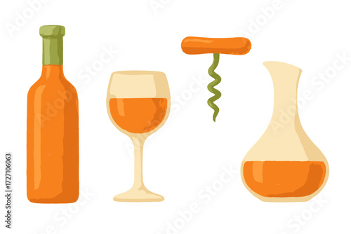 Artwork featuring wine bottle, glass, corkscrew, and decanter in shades of orange on a white background