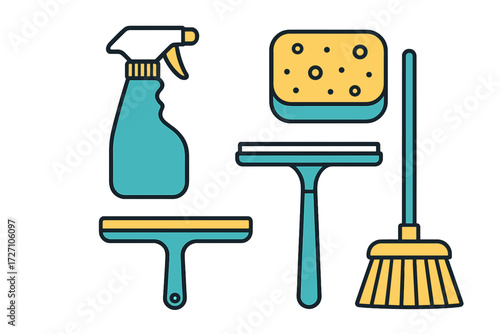 Cleaning tools arranged on a simple background for household chores and maintenance tasks