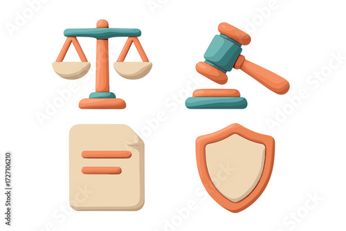Creative clay representations of legal symbols including scales, gavel, document, and shield