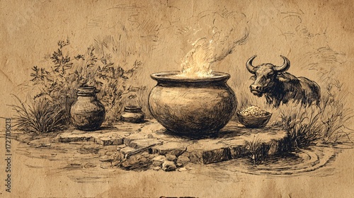 Traditional Pongal Illustration with a Pot of Pongal and a Bull