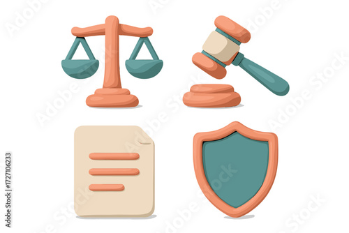 Colorful legal symbols including scales, gavel, document, and shield represent justice concepts in a clean design