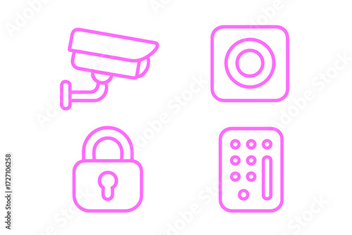 Security icons in pink color representing surveillance, protection, and access control systems