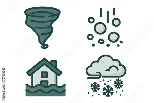 Weather symbols representing tornado, hail, flooding, and snow in an illustrative style