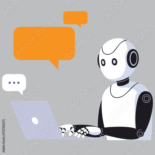 Robot using a laptop and communicating with speech bubbles on gray background