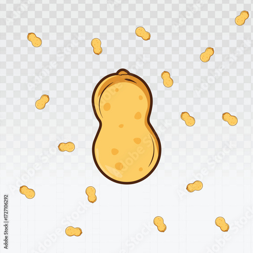 Peanut with scattered smaller peanuts on a transparent background, creating a clean and playful design. Ideal for food branding, snack packaging, recipe graphics, and culinary-themed digital projects.