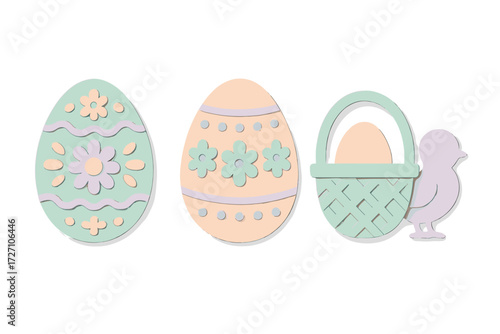 Colorful Easter decorations featuring eggs, flowers, a basket, and a chick create a festive spring atmosphere for celebrations