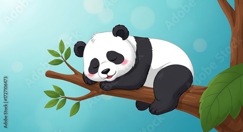 Panda sleeps on branch.