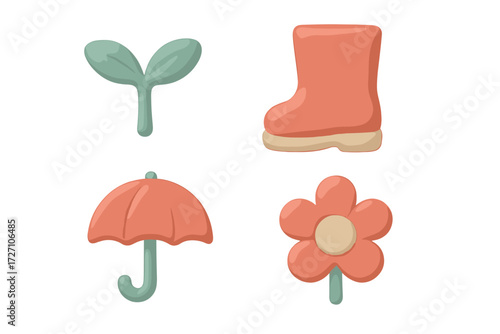 Colorful rubber shapes including a boot, flower, umbrella, and leaf designed for playful activities indoors or outdoors