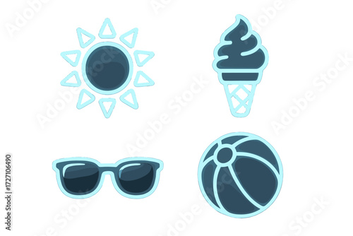 Bright summer icons featuring sun, ice cream, sunglasses, and beach ball for a joyful seasonal vibe
