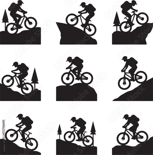 Mountain biker silhouettes on varied terrain mountain biking